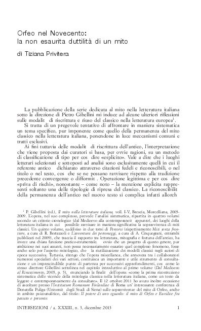 Orfeo nel Novecento: la non esaurita duttilità di un mito.